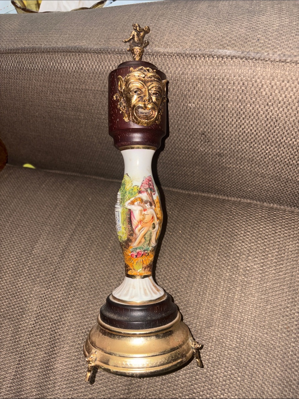 Rare find vintage Capodimonte musical pepper grinder.  Porcelain brass & wood.
